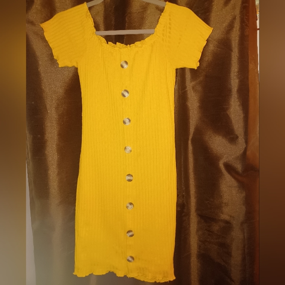 Yellow Ribbed Dress with Tortoiseshell Buttons